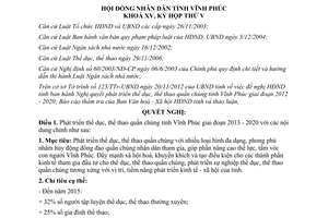 Nghị quyết 75/NQ-HĐND năm 2012 phát triển thể dục thể thao quần chúng Vĩnh Phúc