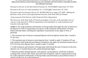Circular No. 32/2012/TT-NHNN on the maximum rates of interest on the deposits
