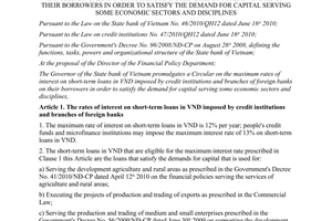 Circular No. 33/2012/TT-NHNN on the maximum rates of interest on short-term loan