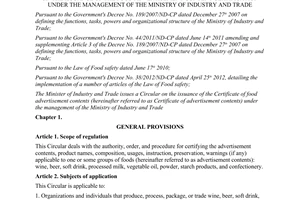Circular No. 40/2012/TT-BCT on the issuance of the food advertisement content