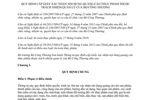 Thông tư 40/2012/TT-BCT cấp Giấy xác nhận nội dung quảng cáo thực phẩm