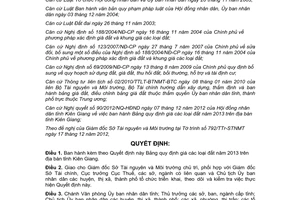 Quyết định 36/2012/QĐ-UBND Bảng quy định giá đất năm 2013 tỉnh Kiên Giang