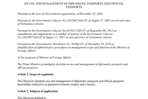 Decision No. 58/2012/QĐ-TTg on use and management of diplomatic passports