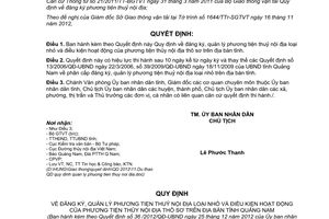 Quyết định 36/2012/QĐ-UBND đăng ký quản lý phương tiện thuỷ nội địa loại nhỏ