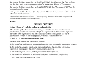 Circular No. 11/2012/TT-BXD guiding the calculation and management of constructi