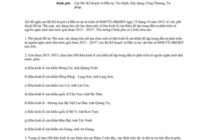 Công văn 2074/TTg-KTTH Đề án rà soát xây dựng tiêu chí lựa chọn Khu kinh tế