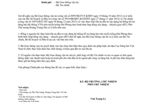 Công văn 10468/VPCP-KTN thực hiện Dự án đầu tư xây dựngtuyến luồng Hải Phòng