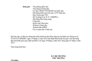 Công văn 9013/BGDĐT-NGCBQLGD đính chính hiệu lực Thông tư 52/2012/TT-BGDĐT
