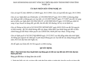 Quyết định 111/2012/QĐ-UBND Bảng giá các loại đất 2013 thành phố Vinh Nghệ An
