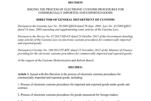 Decision No. 3046/QD-TCHQ 2012 process of electronic customs procedures for imported exported goods