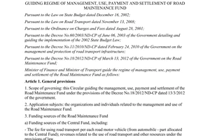 Joint circular No. 230/2012/TTLT-BTC-BGTVT guiding regime of management use