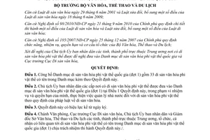 Quyết định 5079/QĐ-BVHTTDL năm 2012 công bố Danh mục di sản văn hóa phi vật thể