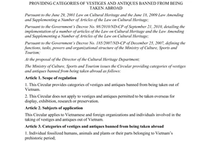 Circular No. 19/2012/TT-BVHTTDL providing categories of vestiges and antiques