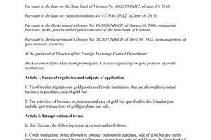 Circular No. 38/2012/TT-NHNN stipulating on gold position of credit institutions