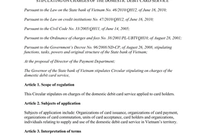 Circular No. 35/2012/TT-NHNN stipulating on charges of the inland debit card