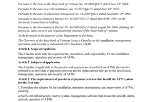Circular No. 36/2012/TT-NHNN on the installation management  operation and sec