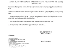 Thông báo 301/TB-BCT bãi bỏ Thông báo 197/TB-BCT nhập khẩu rượu mỹ phẩm