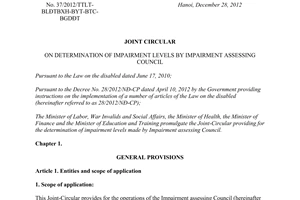 Joint circular No. 37/2012/TTLT-BLDTBXH-BYT-BTC-BGDDT determination of impairment levels