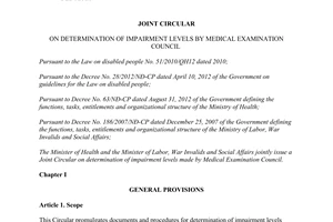 Joint Circular No. 34/2012/TTLT-BYT-BLDTBXH on determination of impairment levels