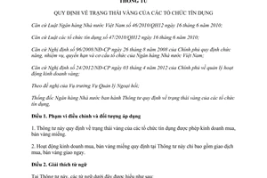 Thông tư 38/2012/TT-NHNN trạng thái vàng của tổ chức tín dụng