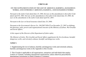 Circular No. 36/2012/TT-BLĐTBXH list of arduous toxic dangerous works
