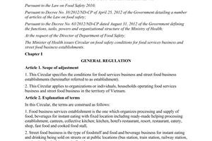 Circular No. 30/2012/TT-BYT regulations on food safety conditions for food servi