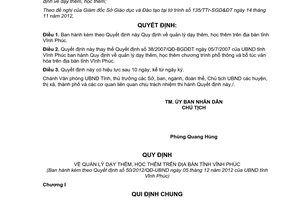 Quyết định 50/2012/QĐ-UBND quản lý dạy học thêm trên địa bàn tỉnh Vĩnh Phúc
