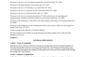 Decree No. 104/2012/ND-CP on foreign naval ships making visits to the Socialist