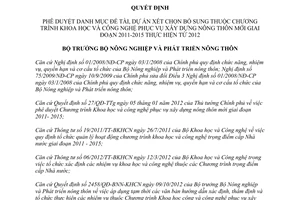 Quyết định 3037/QĐ-BNN-KHCN năm 2012 phê duyệt Danh mục đề tài dự án xét chọn