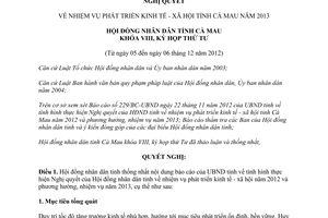 Nghị quyết 08/2012/NQ-HĐND nhiệm vụ phát triển kinh tế xã hội Cà Mau 2013