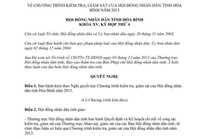 Nghị quyết 45/2012/NQ-HĐND Chương trình kiểm tra giám sát tỉnh Hòa Bình năm 2013