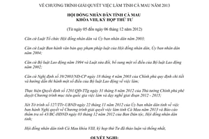 Nghị quyết 14/2012/NQ-HĐND Chương trình giải quyết việc làm Cà Mau năm 2013