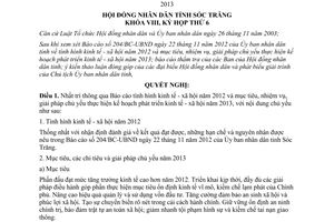 Nghị quyết 20/2012/NQ-HĐND tình hình kinh tế xã hội 2012 phương hướng nhiệm vụ 2013 Sóc Trăng