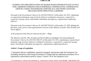 Circular No. 29/2012/TT-BLDTBXH guiding the implementation of region-based minim