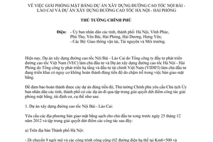 Công điện 2115/ CĐ-TTg 2012 giải phóng mặt bằng đường cao tốc Nội Bài - Lào Cai Hà Nội - Hải Phòng