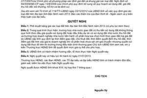 Nghị quyết số 65/2012/NQ-HĐND17 quy định giá các loại đất trên địa bàn Bắc Ninh