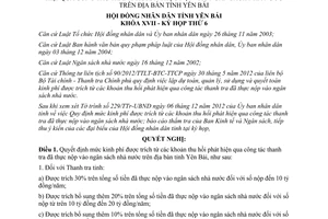 Nghị quyết 26/2012/NQ-HĐND mức kinh phí được trích từ các khoản thu hồi Yên Bái