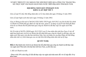 Nghị quyết 40/2012/NQ-HĐND mức trích khoản thu hồi thanh tra nộp vào ngân sách Nhà nước Kon Tum