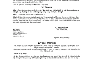 Quyết định 3230/QĐ-BGTVT 2012 Quy định tạm thời thiết kế mặt đường bê tông thông thường có khe nối