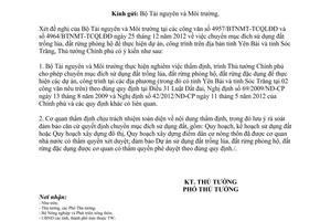 Công văn 178/TTg-KTN chuyển mục đích sử dụng đất trồng lúa đất rừng phòng hộ đất rừng đặc dụng để thực hiện dự án