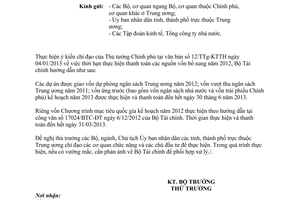 Công văn 486/BTC-ĐT thời hạn thực hiện thanh toán nguồn vốn bổ sung năm 2012