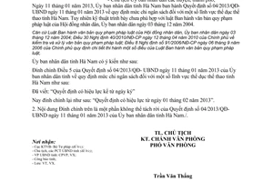 Công văn số 94/UBND-VX đính chính 04/2013/QĐ-UBND chi ngân sách thể dục Hà Nam