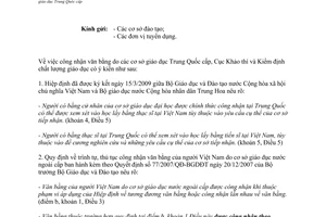 Công văn 54/KTKĐCLGD-VB công nhận văn bằng do các cơ sở giáo dục Trung Quốc cấp