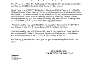 Công văn 578/BCT-HC xuất khẩu hóa chất để kinh doanh