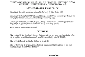 Quyết định 12/QĐ-BGTVT năm 2013 công bố danh mục văn bản quy phạm pháp luật