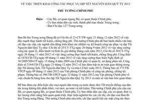Công điện 10/CĐ-TTg triển khai công tác phục vụ dịp Tết Nguyên đán Quý Tỵ 2013