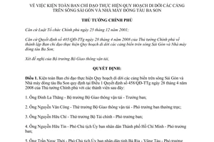 Quyết định 15/QĐ-TTg năm 2013 kiện toàn Ban chỉ đạo thực hiện Quy hoạch di dời