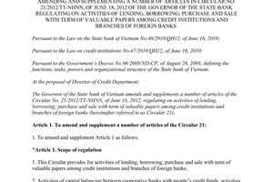 Circular No. 21/2012/TT-NHNN amending and supplementing a number of articles