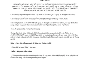 Thông tư 01/2013/TT-NHNN sửa đổi quy định hoạt động cho vay đi vay mua bán