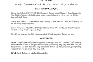 Quyết định 38/QĐ-SXD 2013 công bố Chỉ số giá xây dựng tháng 12 quý 4 năm 2012 Ninh Thuận